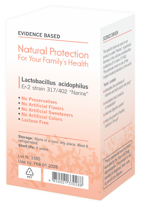 Back of box for Asma Wellness Narine Intestinal Health Probiotic Supplement, 60 vegetarian capsules, lactose-free digestive support.