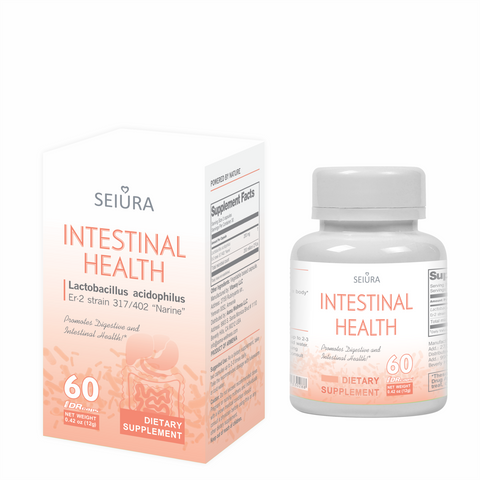 Narine Intestinal Health probiotic supplement by Asma Wellness in a box and bottle, 60 lactose-free vegan capsules for digestive support.