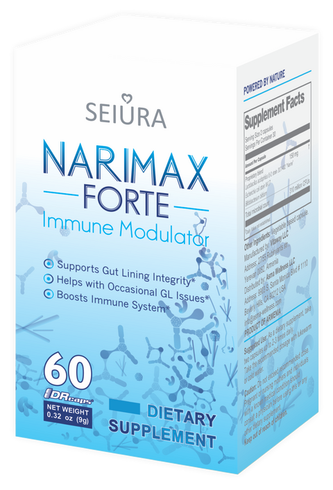 Narine Forte probiotic supplement box by Asma Wellness with 60 vegetarian capsules, showing product packaging and branding.