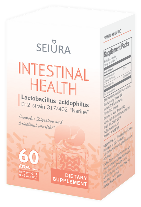 Narine Intestinal Health probiotic supplement box by Asma Wellness, 60 vegan capsules, lactose-free digestive health aid.